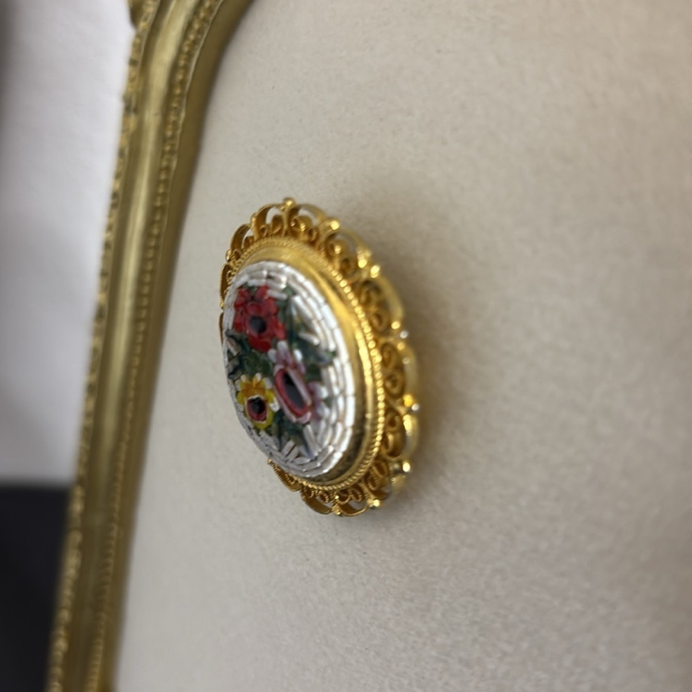 VTG ITALIAN MICRO MOSAIC BROOCH PIN SIGNED ITALY Floral Gold Tone Colorful - Picture 4 of 7